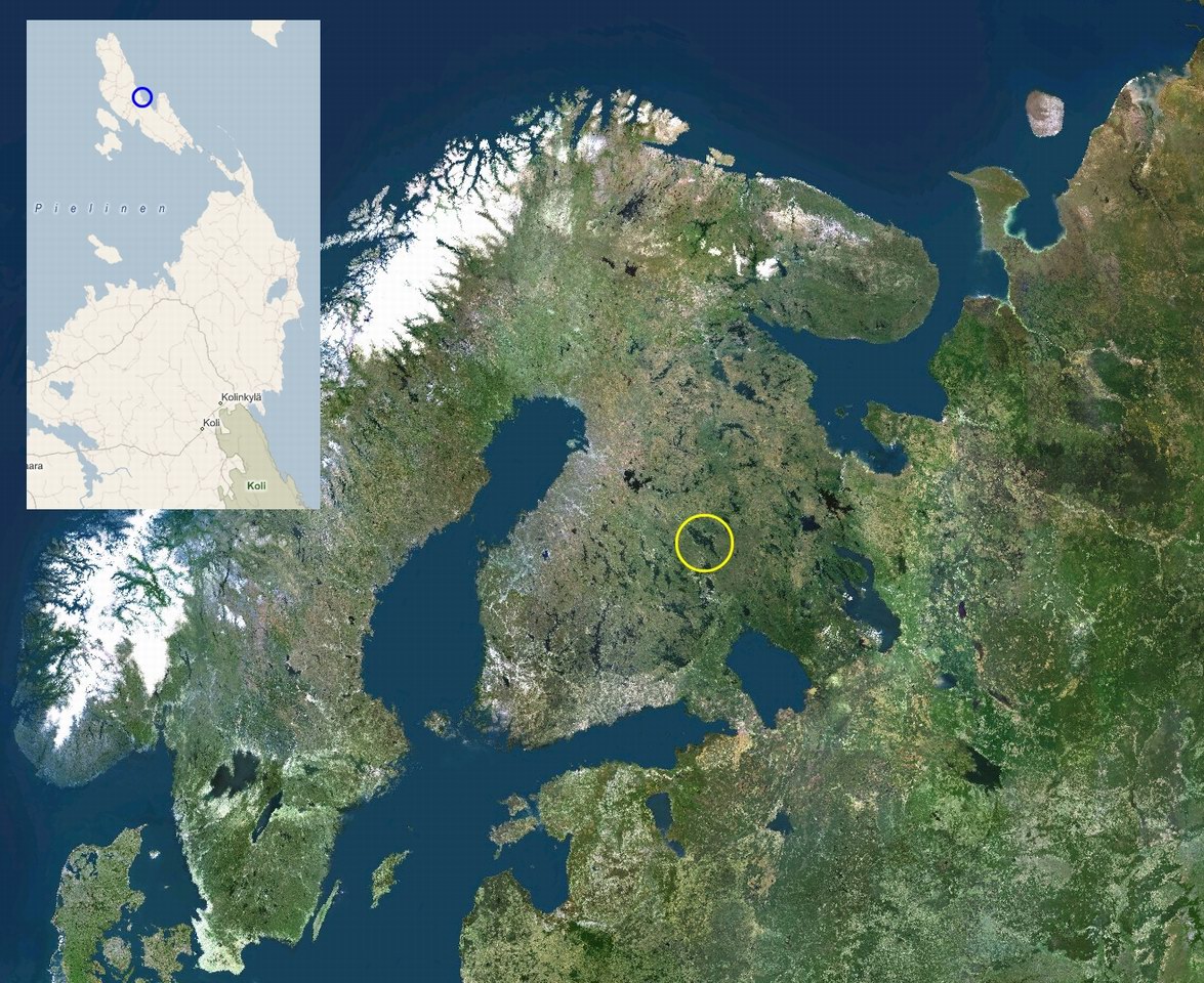 Karte: Finnland und die Region Koli (gelb) mit der Blockhütte auf der Insel (blau)