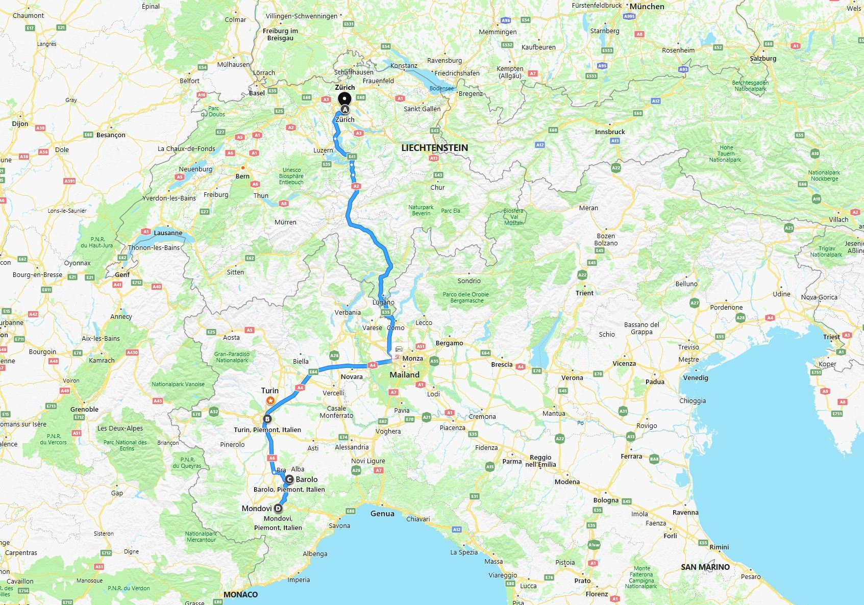 Reiseroute Zürich-Turin-Barolo-Mondovi