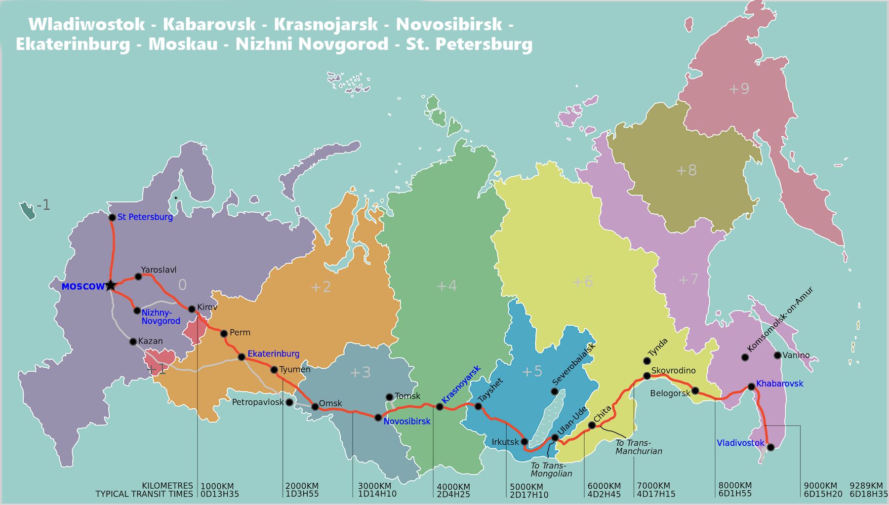 Reiseroute und Zeitzonen: Transsibirische Eisenbahn (Russland)